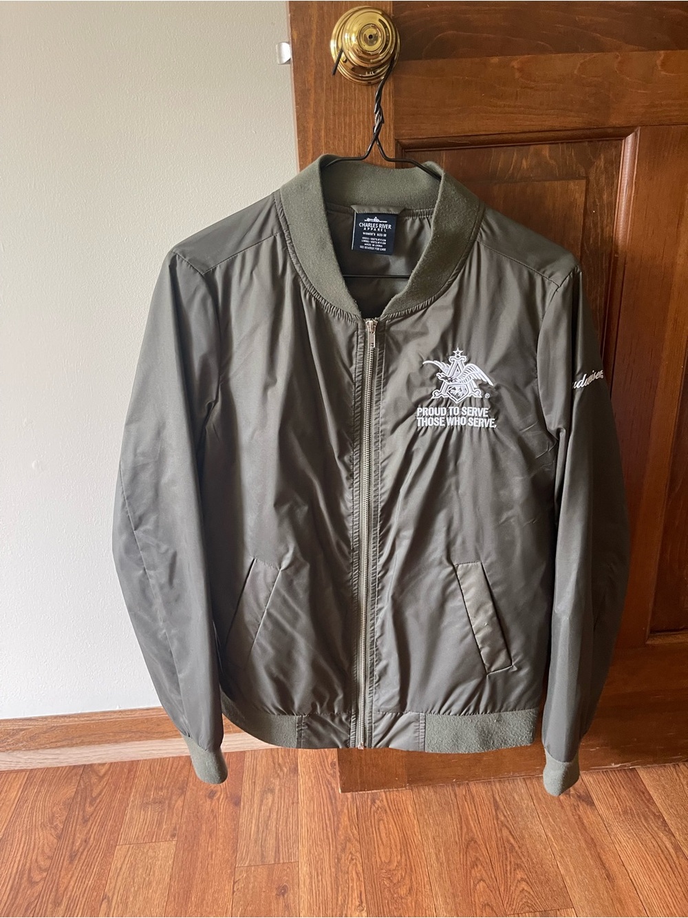 Women’s Olive Bomber Jacket with Embroidered Budweiser Logo